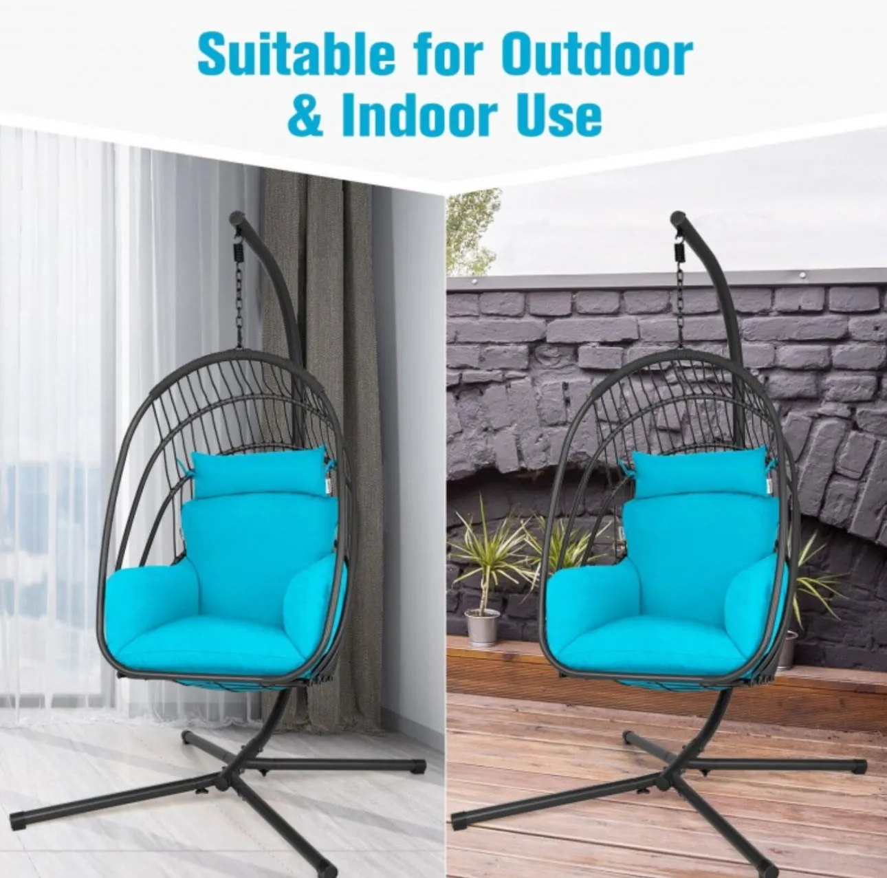 2025 Hanging Super Duty Foldable Egg Swing Patio Chair With Stand & Cushion Pillow | Swing Hammock | Holds 265lbs | Indoor / Outdoors