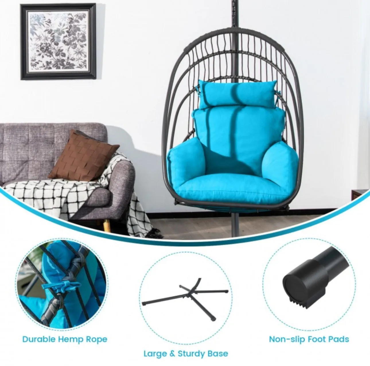 2025 Hanging Super Duty Foldable Egg Swing Patio Chair With Stand & Cushion Pillow | Swing Hammock | Holds 265lbs | Indoor / Outdoors