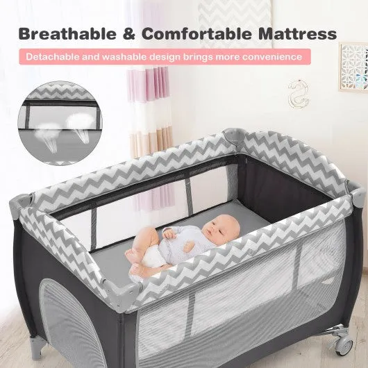 3 in 1 Portable Baby Playard with Zippered Door and Toy Bar-Gray