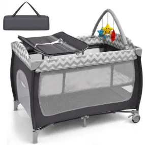 3 in 1 Portable Baby Playard with Zippered Door and Toy Bar-Gray