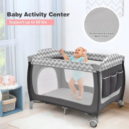 3 in 1 Portable Baby Playard with Zippered Door and Toy Bar-Gray