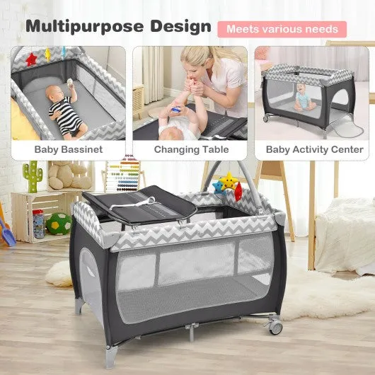 3 in 1 Portable Baby Playard with Zippered Door and Toy Bar-Gray