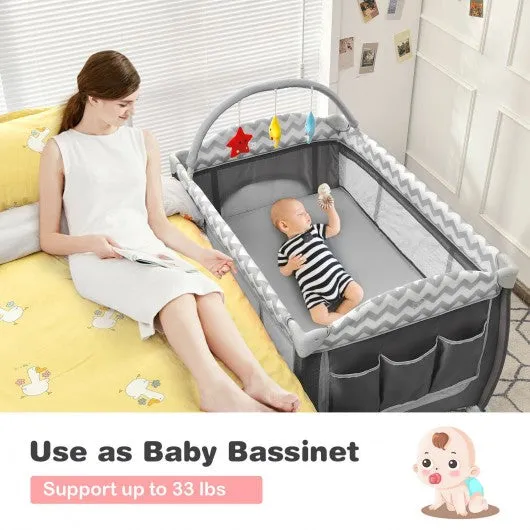 3 in 1 Portable Baby Playard with Zippered Door and Toy Bar-Gray