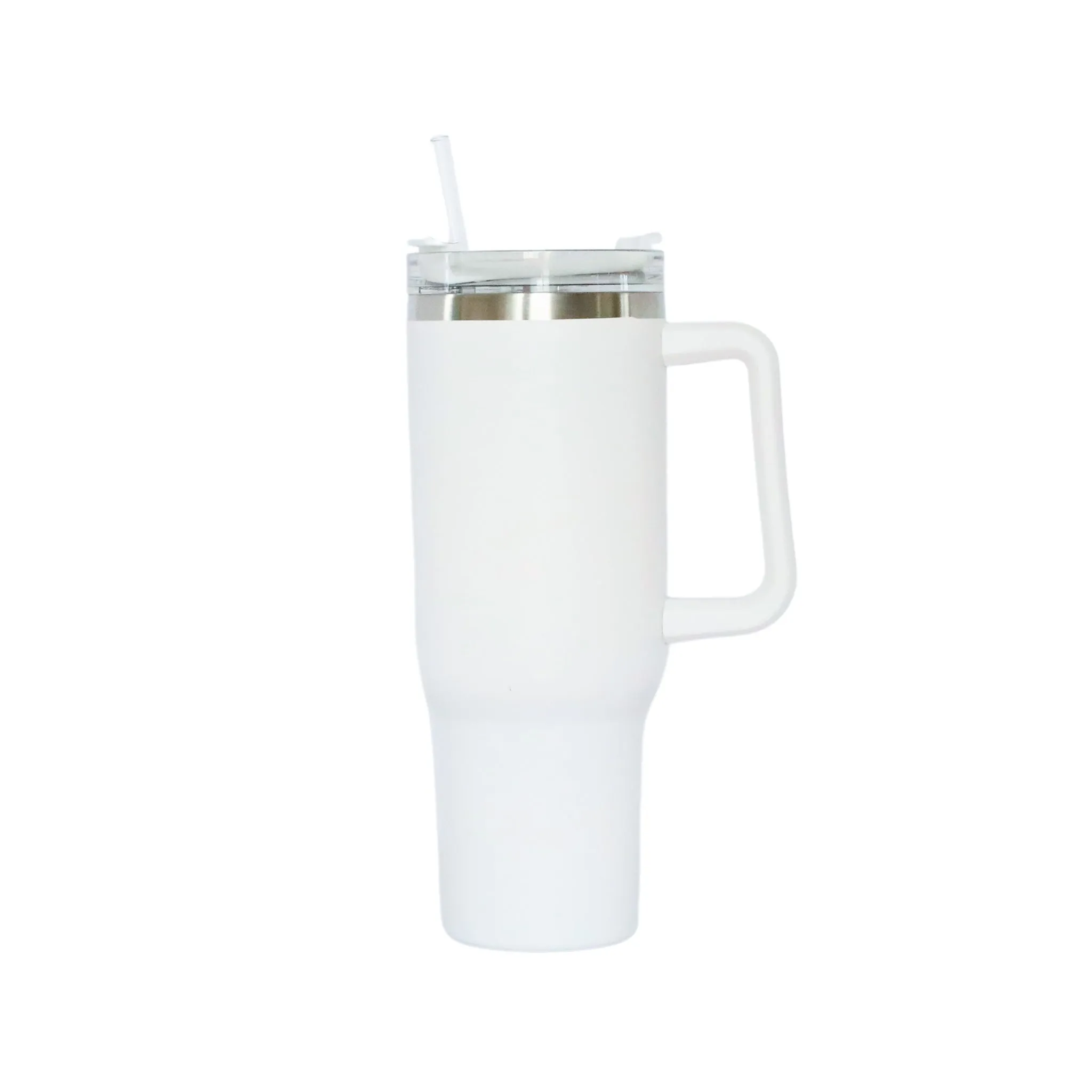 40 Oz Stainless Steel Tumbler with Handle & Straw - White