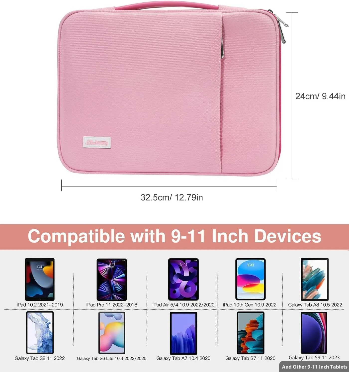 9-11" Tablet Sleeve Organizer Carrying Case with Handle for iPad 9/8/7th 10.2, iPad Pro 11 M4 M2, iPad Air 11, iPad Air 5/4 10.9, iPad 10th 10.9, Galaxy Tab A9 /A8/S9 FE,Rose Pink Light Pink