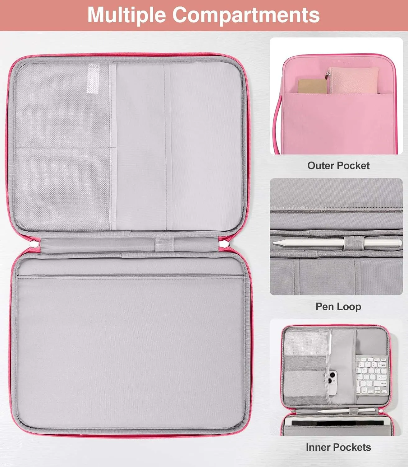 9-11" Tablet Sleeve Organizer Carrying Case with Handle for iPad 9/8/7th 10.2, iPad Pro 11 M4 M2, iPad Air 11, iPad Air 5/4 10.9, iPad 10th 10.9, Galaxy Tab A9 /A8/S9 FE,Rose Pink Light Pink