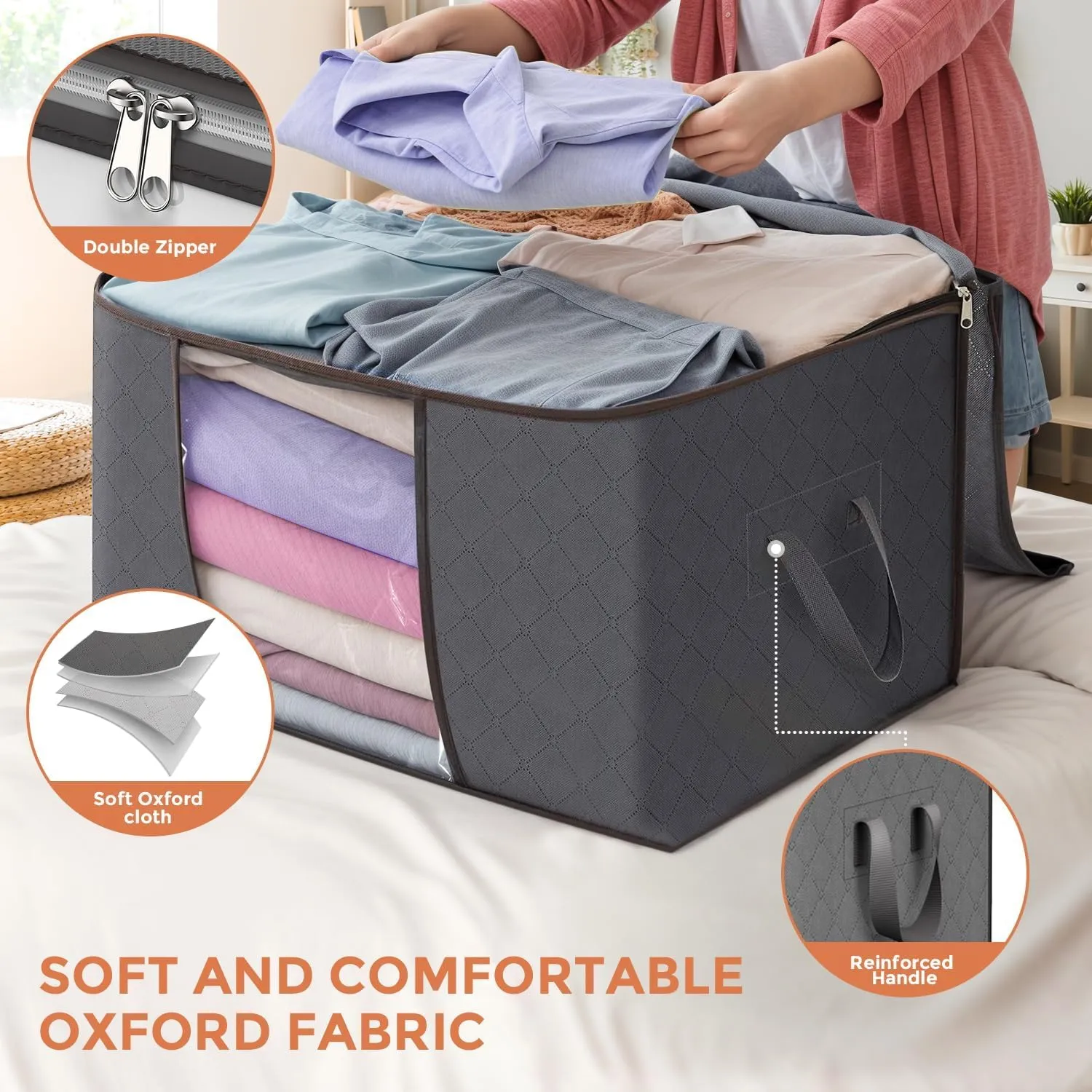 90 L Large Storage Bags, 6 Pack Clothes Storage Bins Foldable Closet Organizers Storage Containers with Reinforced Handle for Clothing, Blanket, Comforters, Bed Sheets, Pillows and Toys (Gray)