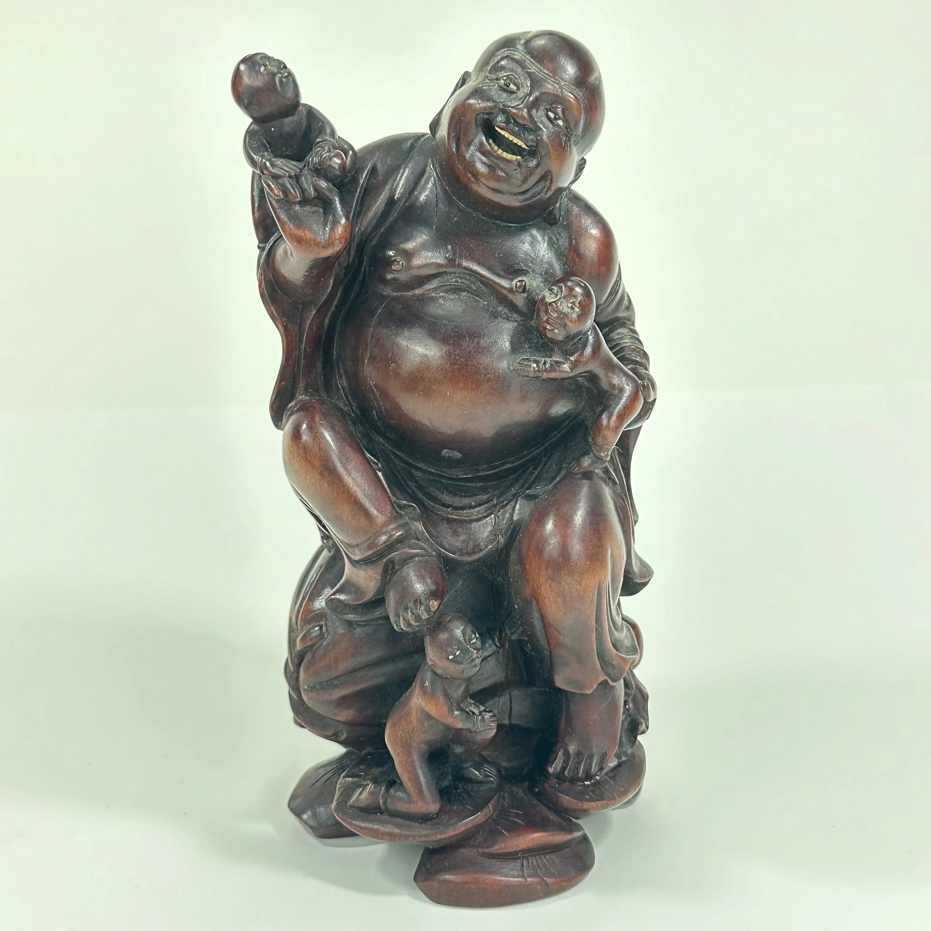 Antique Japanese Carved Wooden Statue of Hotei Lucky God 8”