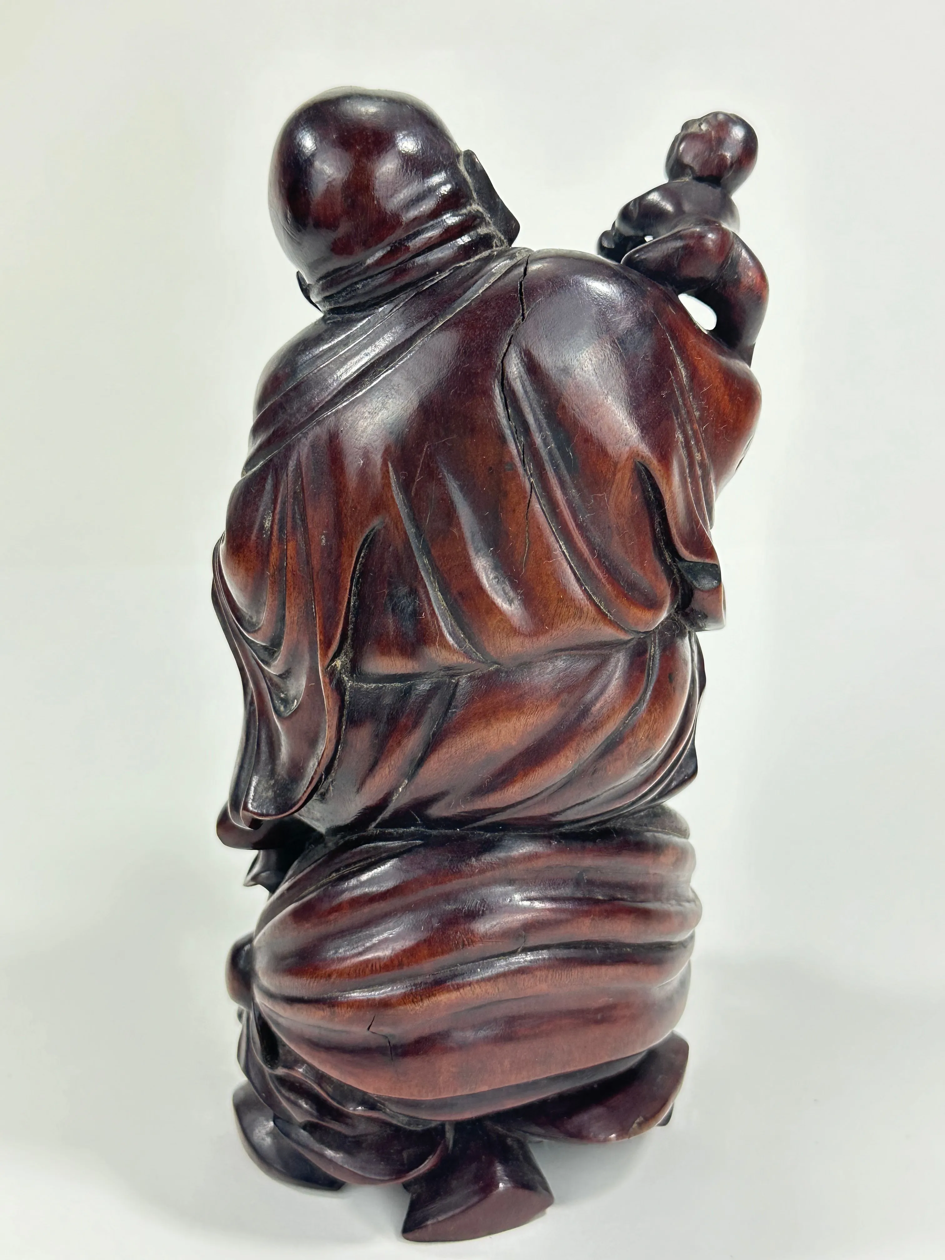 Antique Japanese Carved Wooden Statue of Hotei Lucky God 8”