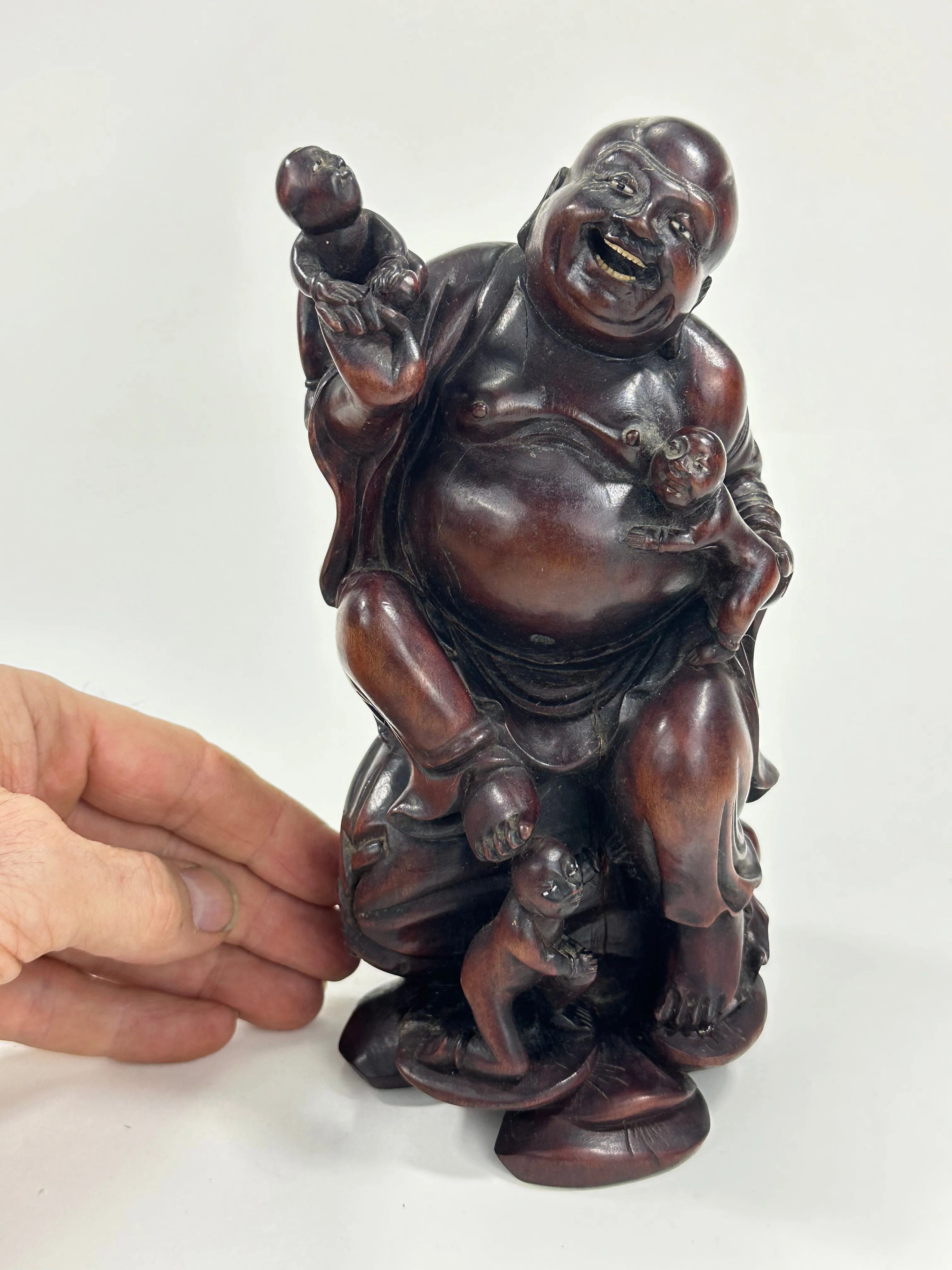 Antique Japanese Carved Wooden Statue of Hotei Lucky God 8”