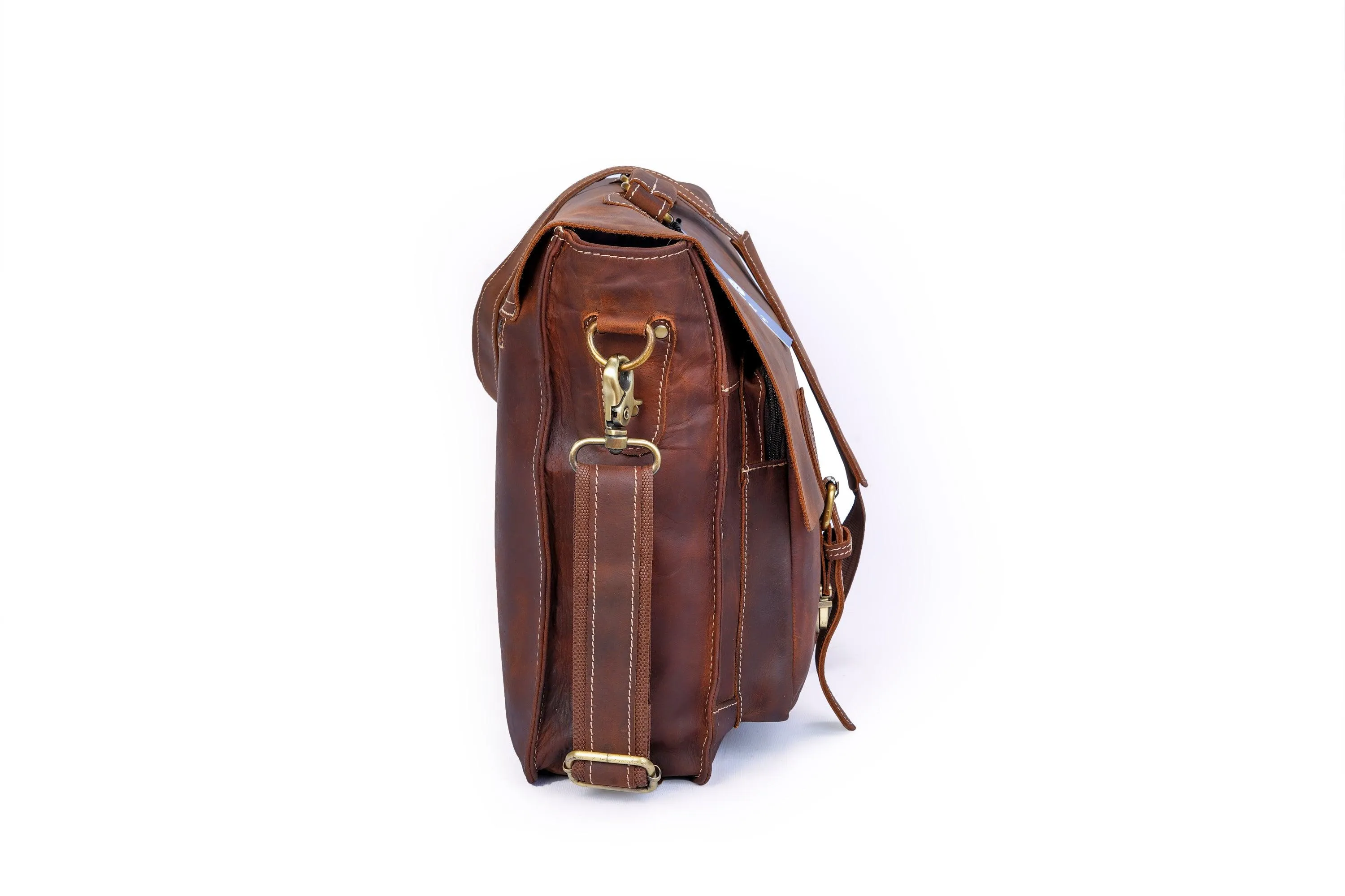 Anuent Handmade Brown Leather Laptop Bag With 2 Pockets.