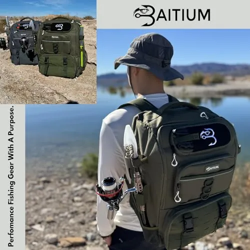 Baitium Fishing Backpack, Fishing Tackle Backpack With Rod Holders, 40L Tackle Bag With Cooler, Fishing Bag, Fishing Tackle Backpack, Fishing Tackle Box Backpack, Fishing Gear - (Green)