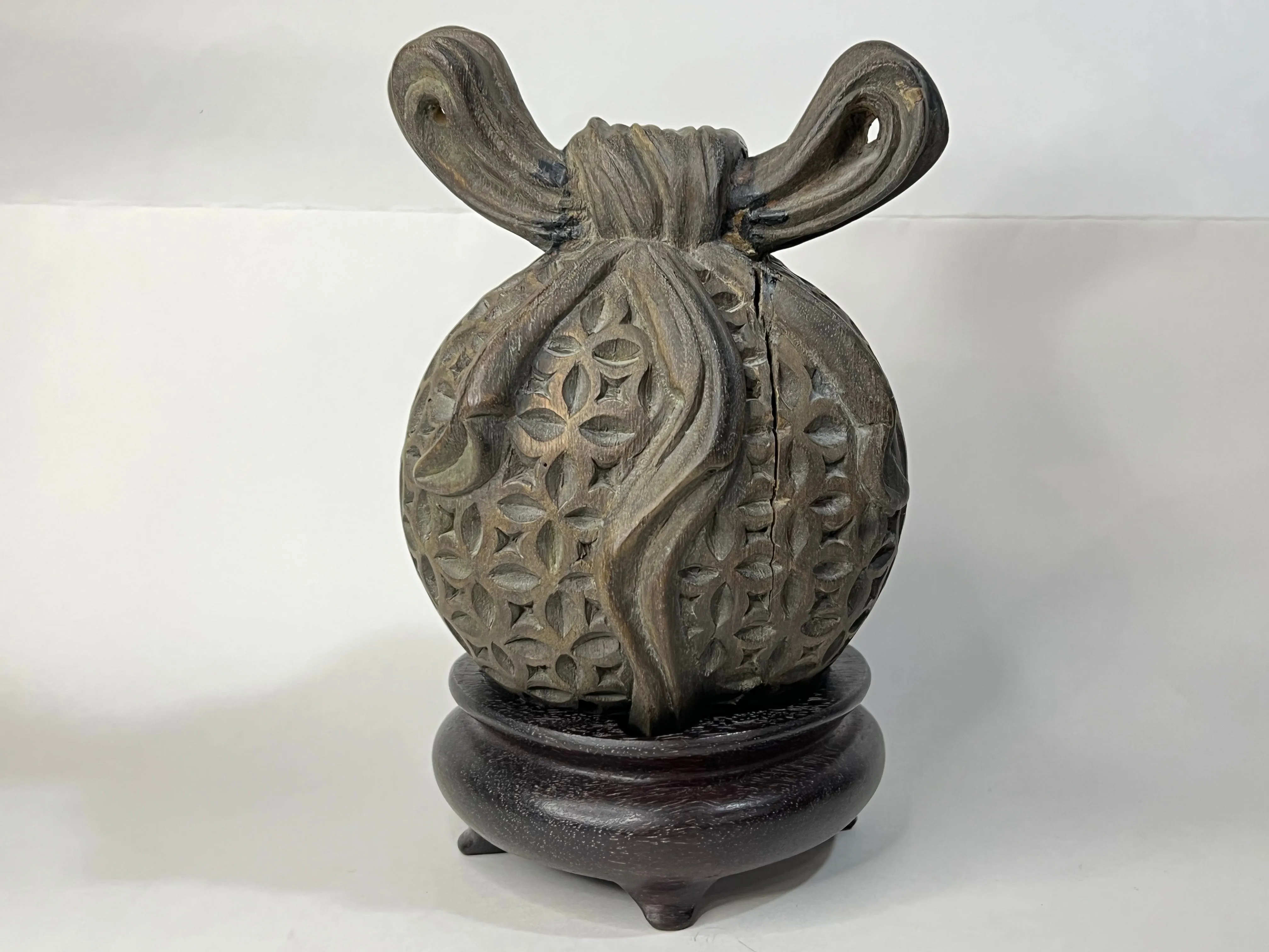 Chinese Wood Carving Lucky Money Bag Hand Carved w/ Stand 7"