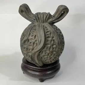 Chinese Wood Carving Lucky Money Bag Hand Carved w/ Stand 7"