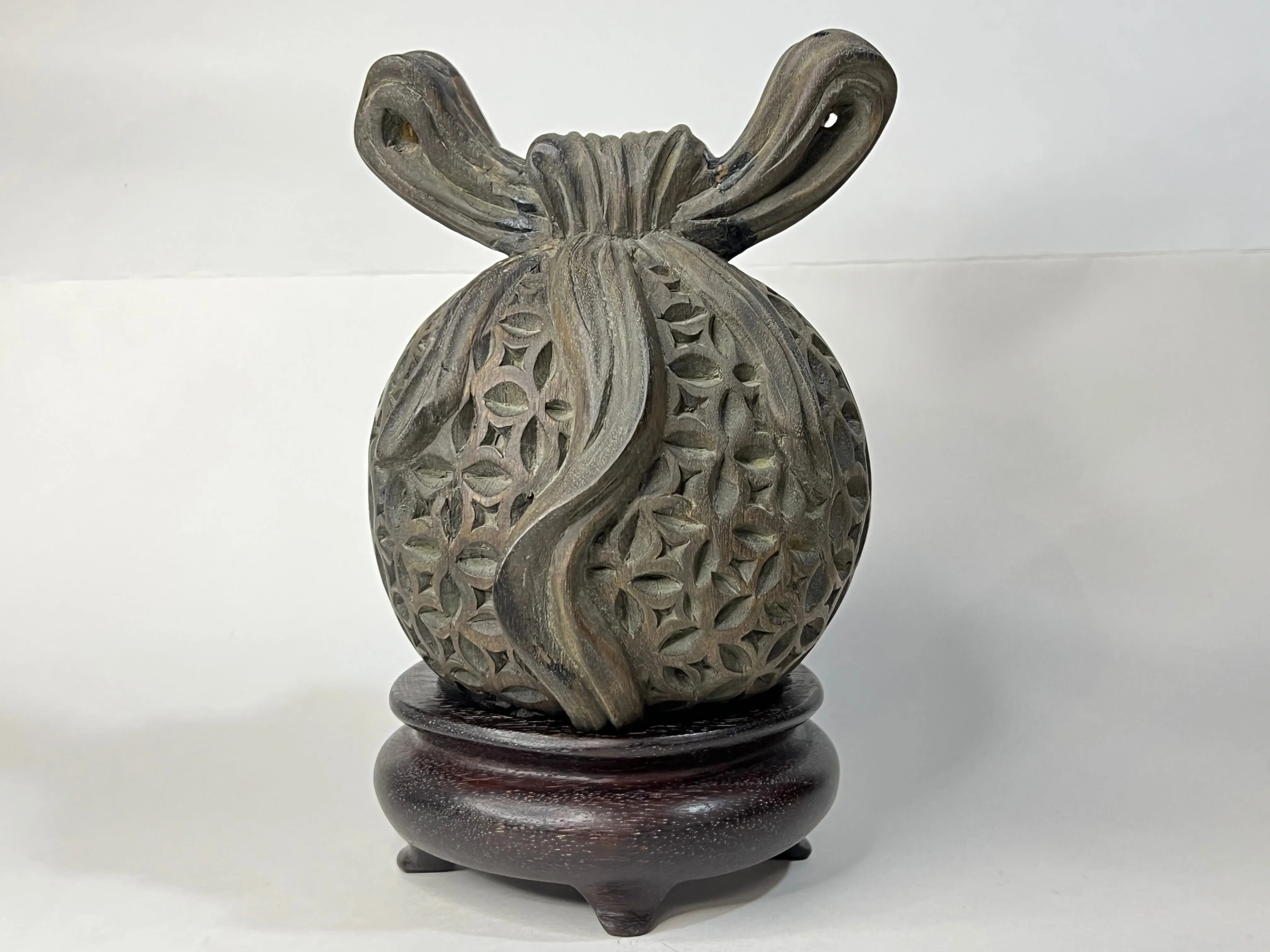 Chinese Wood Carving Lucky Money Bag Hand Carved w/ Stand 7"