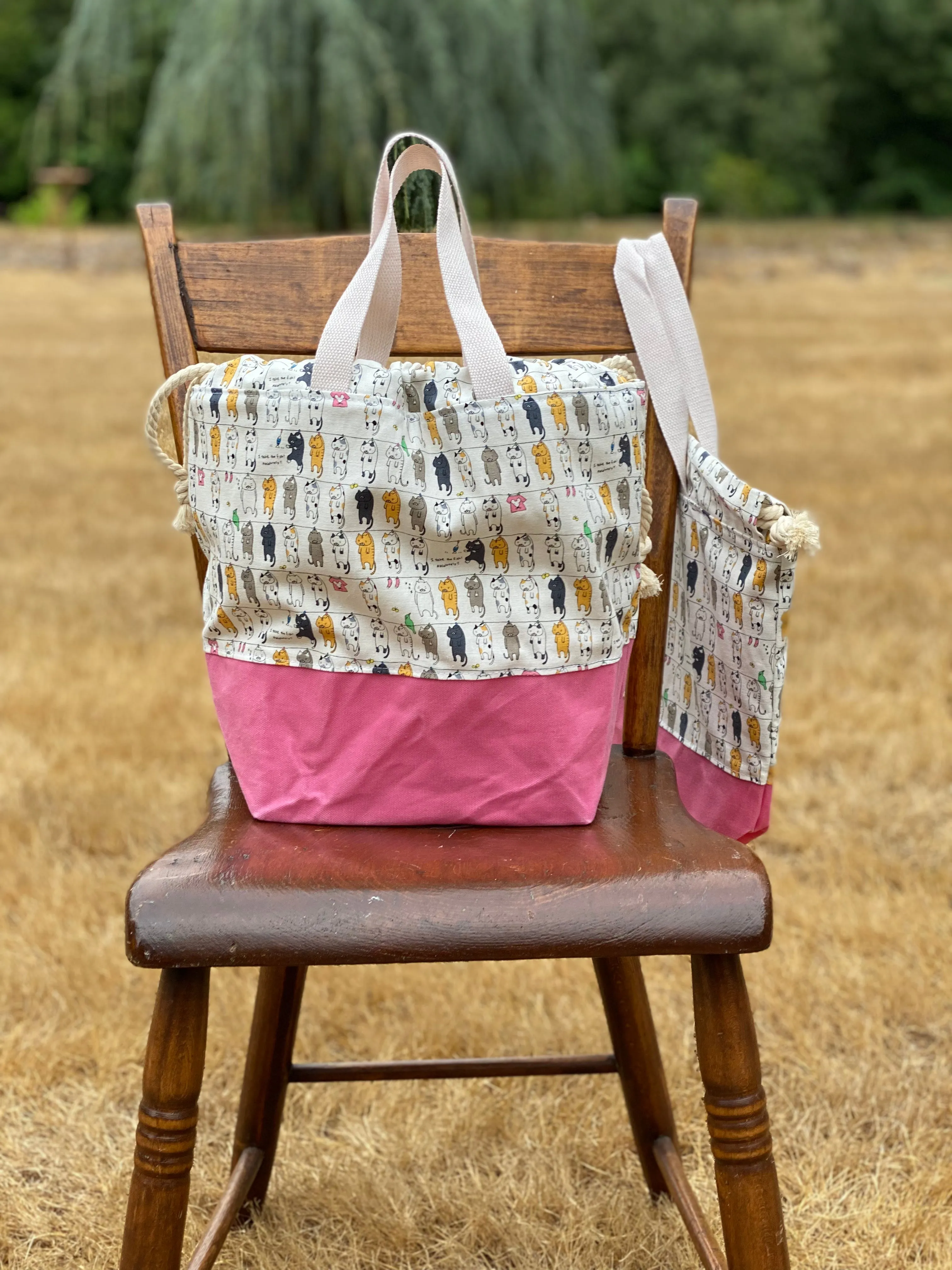 Clothesline Cats Waxed Canvas Project Bag, Whimsical Cats on a Clothes Line, Canvas Knitting Bag, Crochet Bag, Drawstring Bag