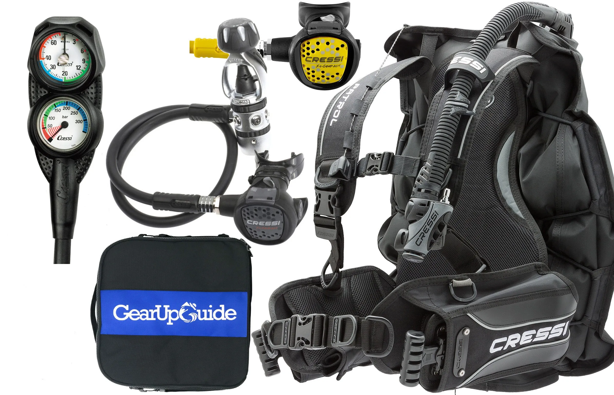 Cressi Patrol BCD Scuba Diving Gear w/ AC2 Compact Regulator, Compact Octo, Donatello Console 2 & GupG Regulator Bag