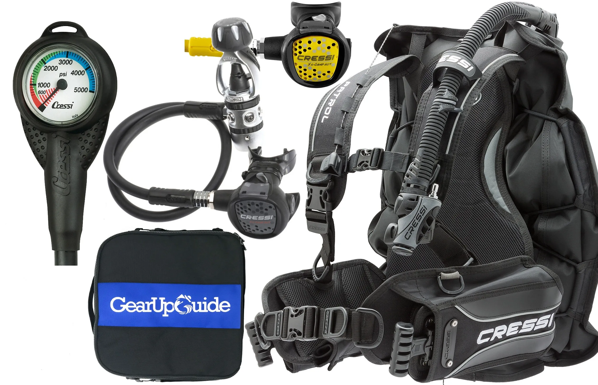 Cressi Patrol BCD Scuba Diving Gear w/ AC2 Compact Regulator, Compact Octo, Donatello Console 2 & GupG Regulator Bag