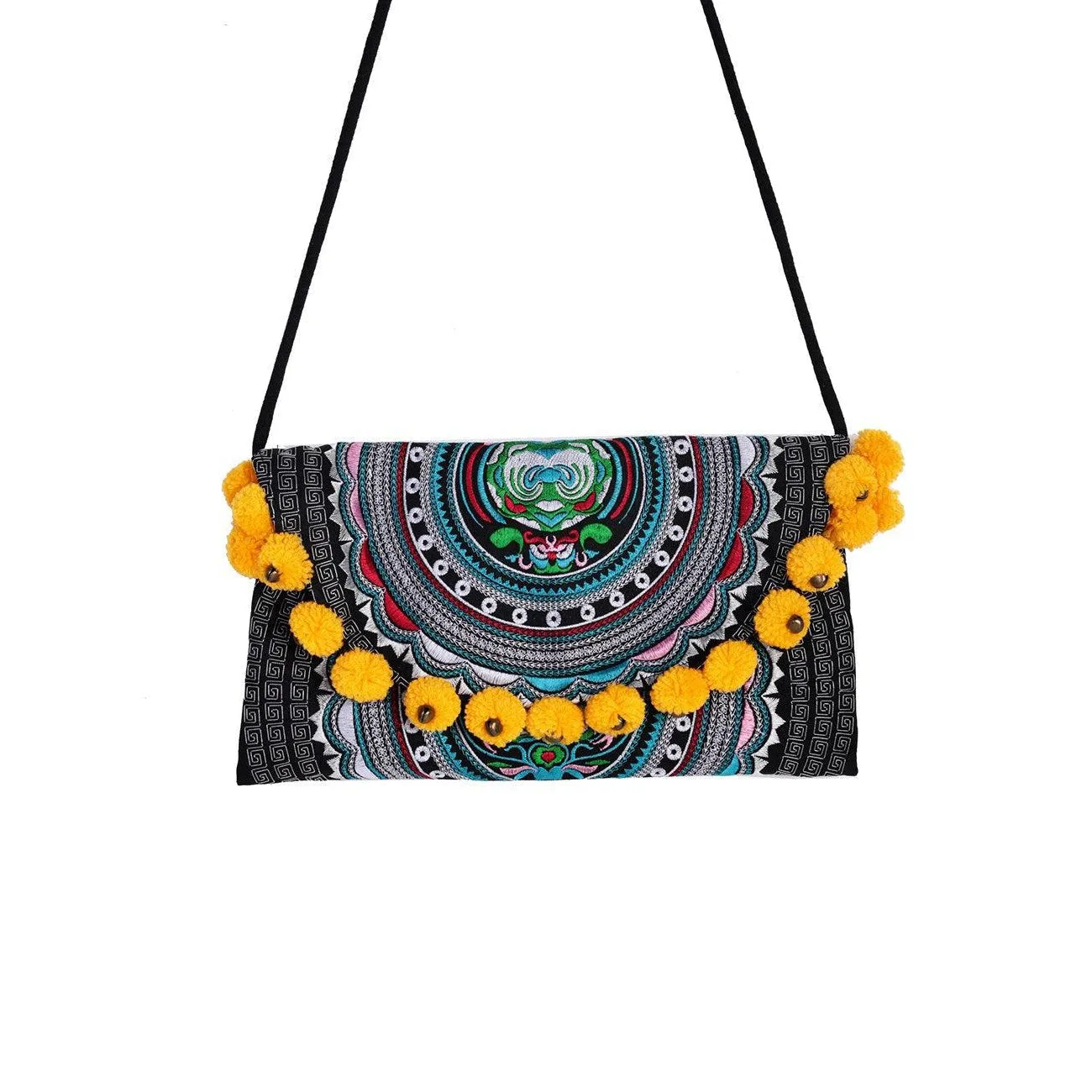 Crossbody Tribal Embroidered Pompom Artisan Made Bag - Thailand