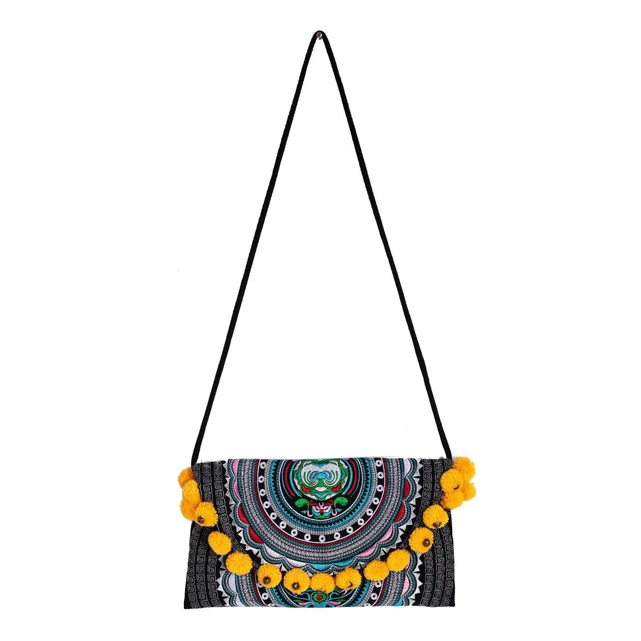 Crossbody Tribal Embroidered Pompom Artisan Made Bag - Thailand