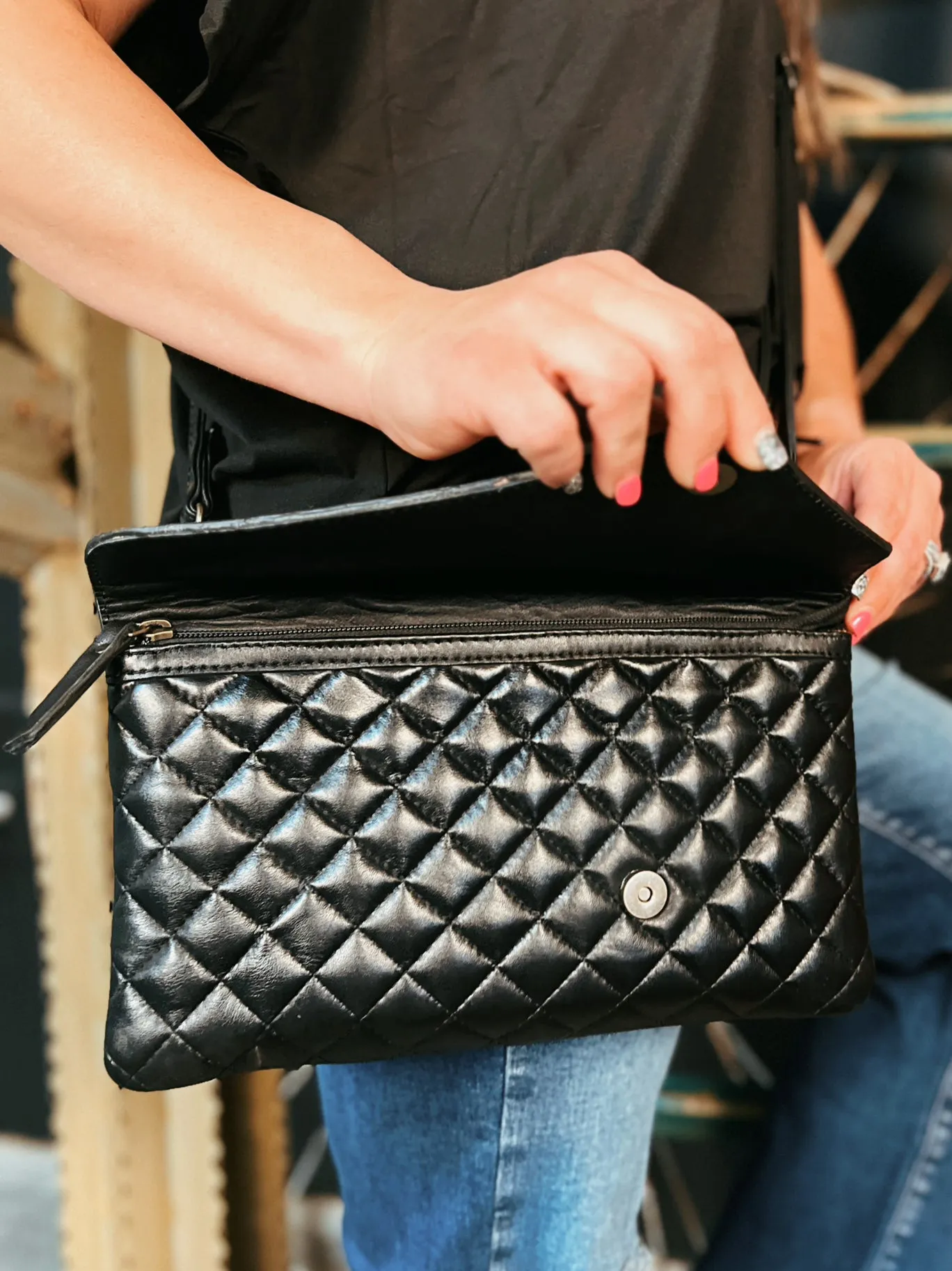 Darling Quilted Black Leather Crossbody Bag With Leather Flap