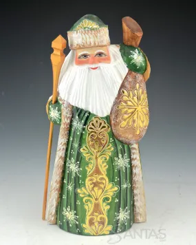 Emerald Green and Gold Carved Russian Santa With Toy Bag