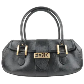 Fendi Logo Leather Hand Bag Shoulder Bag Black 8BN116