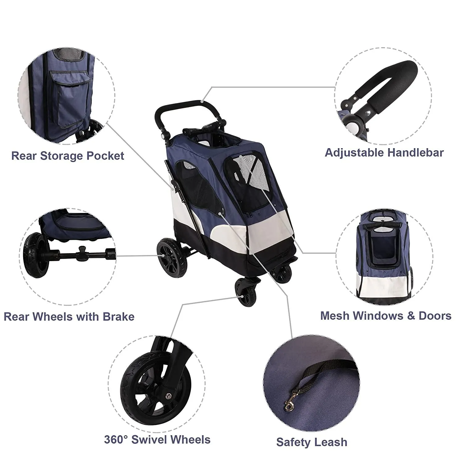 Foldable Travel Dog Stroller Pet Carrier with Adjustable Handle Mesh Window, Blue