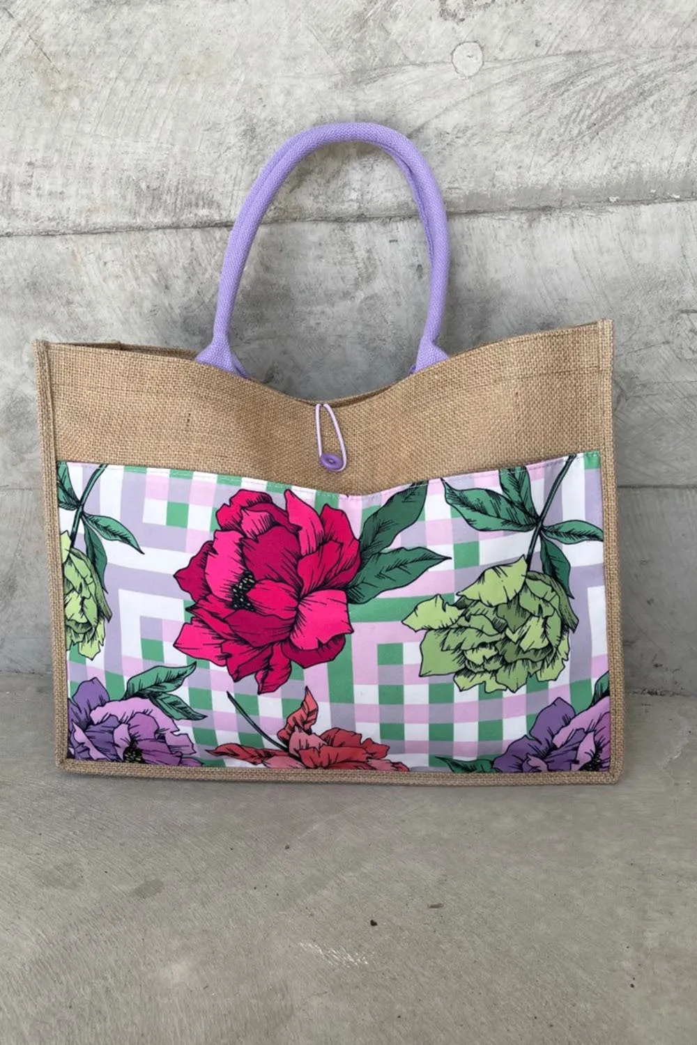 Gingham Floral Jute Bag