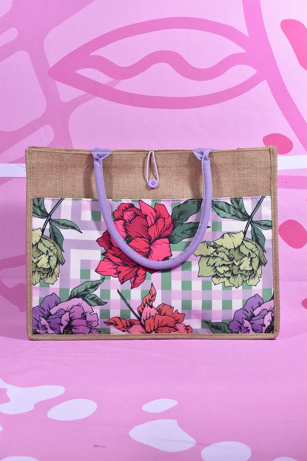 Gingham Floral Jute Bag