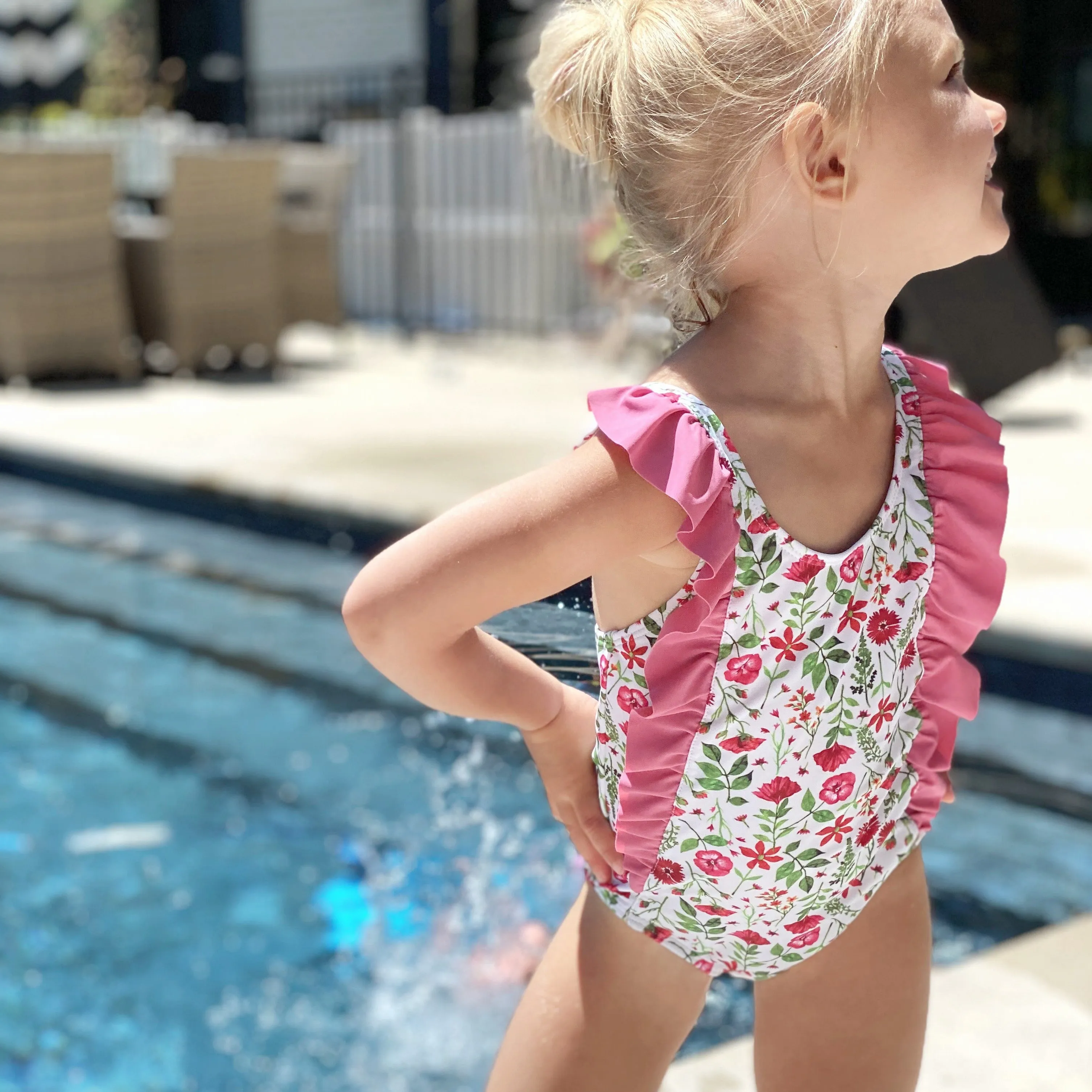 Girls Ruffle One-Piece Swimsuit | "Too Sweet" Floral Garden