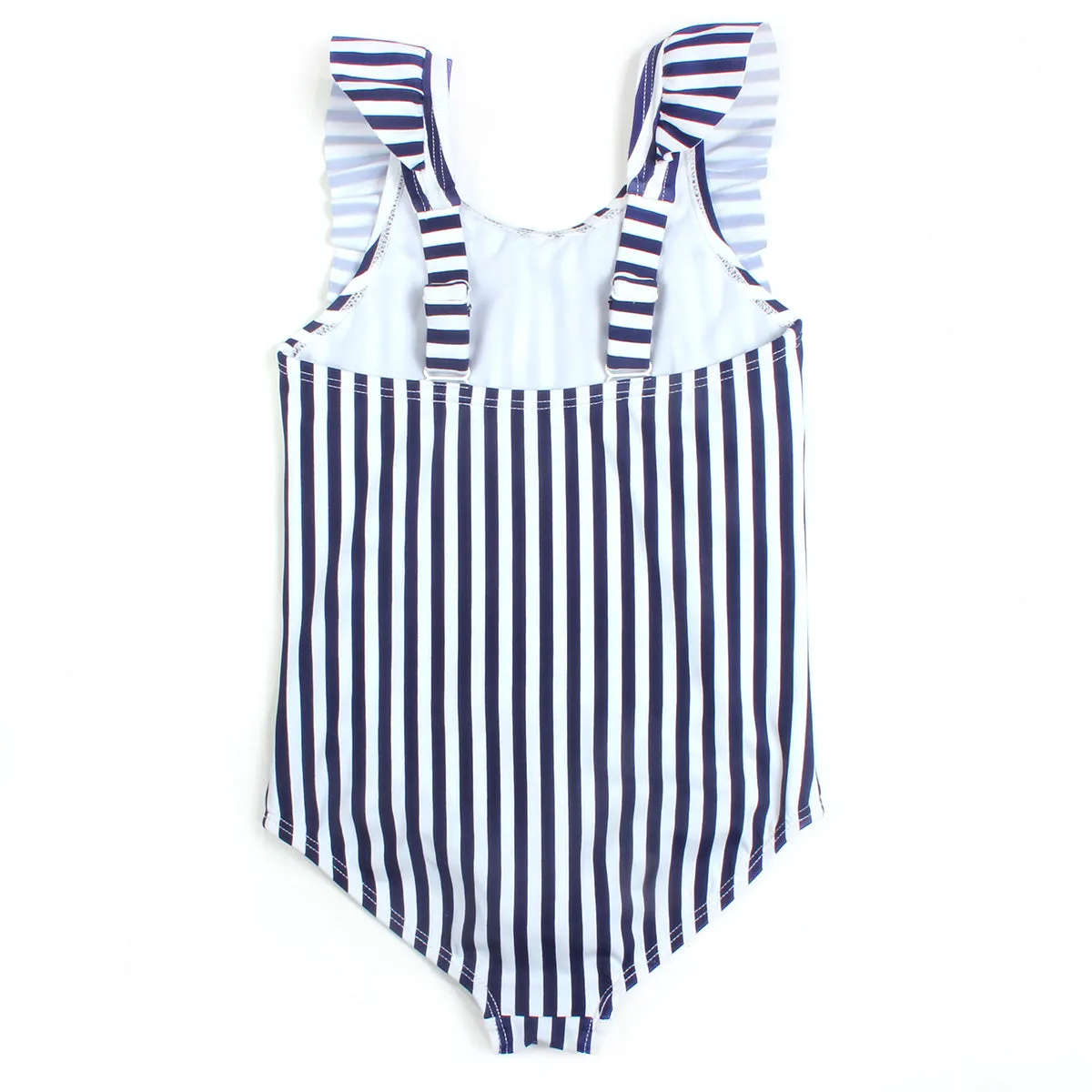 Girls Ruffle One-Piece Swimsuit | "Too Sweet" Mini Navy Stripe