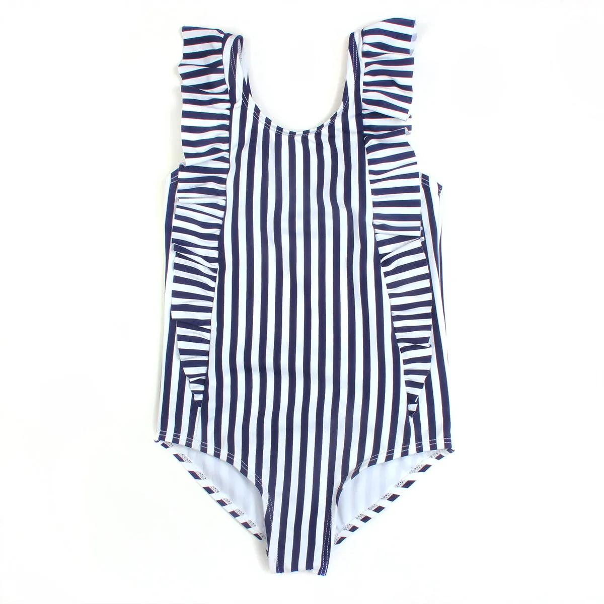 Girls Ruffle One-Piece Swimsuit | "Too Sweet" Mini Navy Stripe