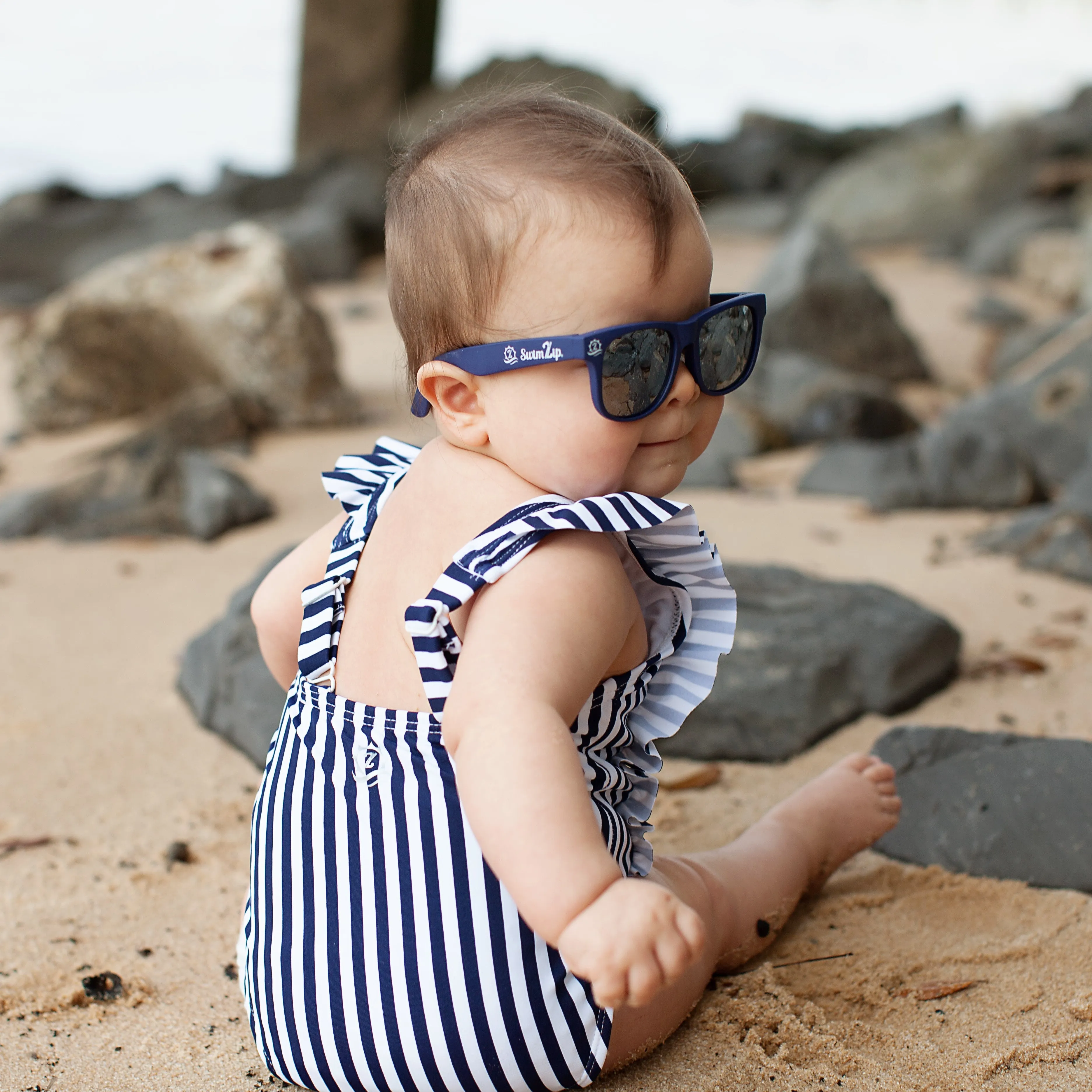 Girls Ruffle One-Piece Swimsuit | "Too Sweet" Mini Navy Stripe