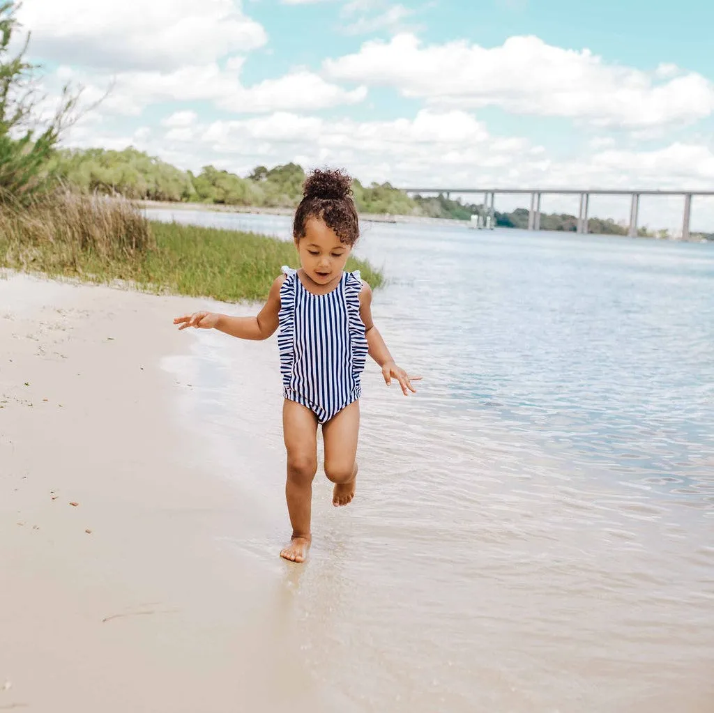 Girls Ruffle One-Piece Swimsuit | "Too Sweet" Mini Navy Stripe