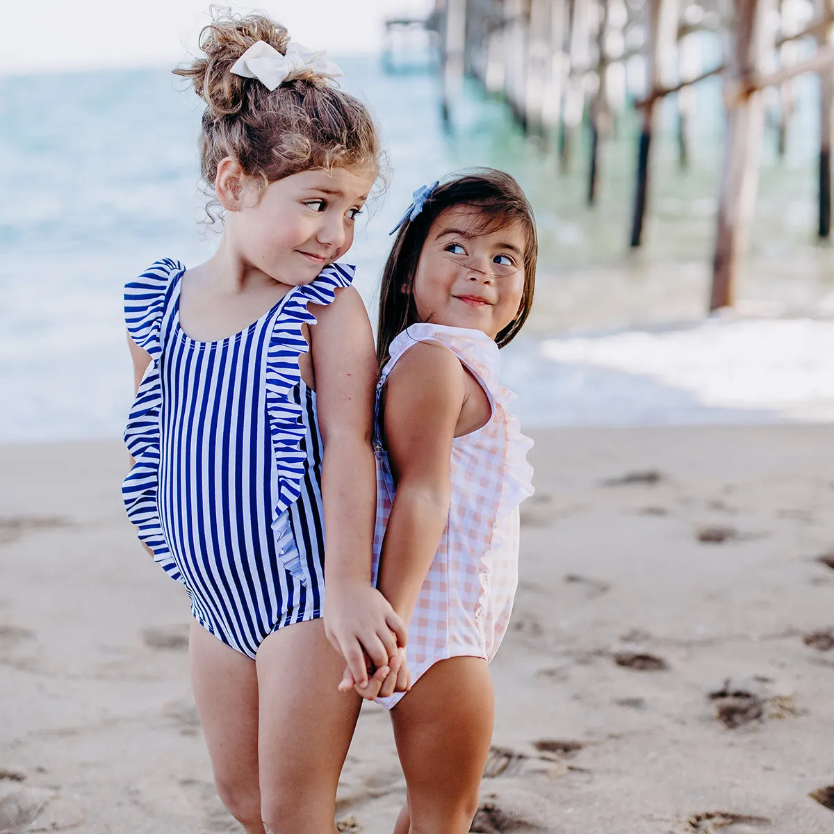 Girls Ruffle One-Piece Swimsuit | "Too Sweet" Mini Navy Stripe