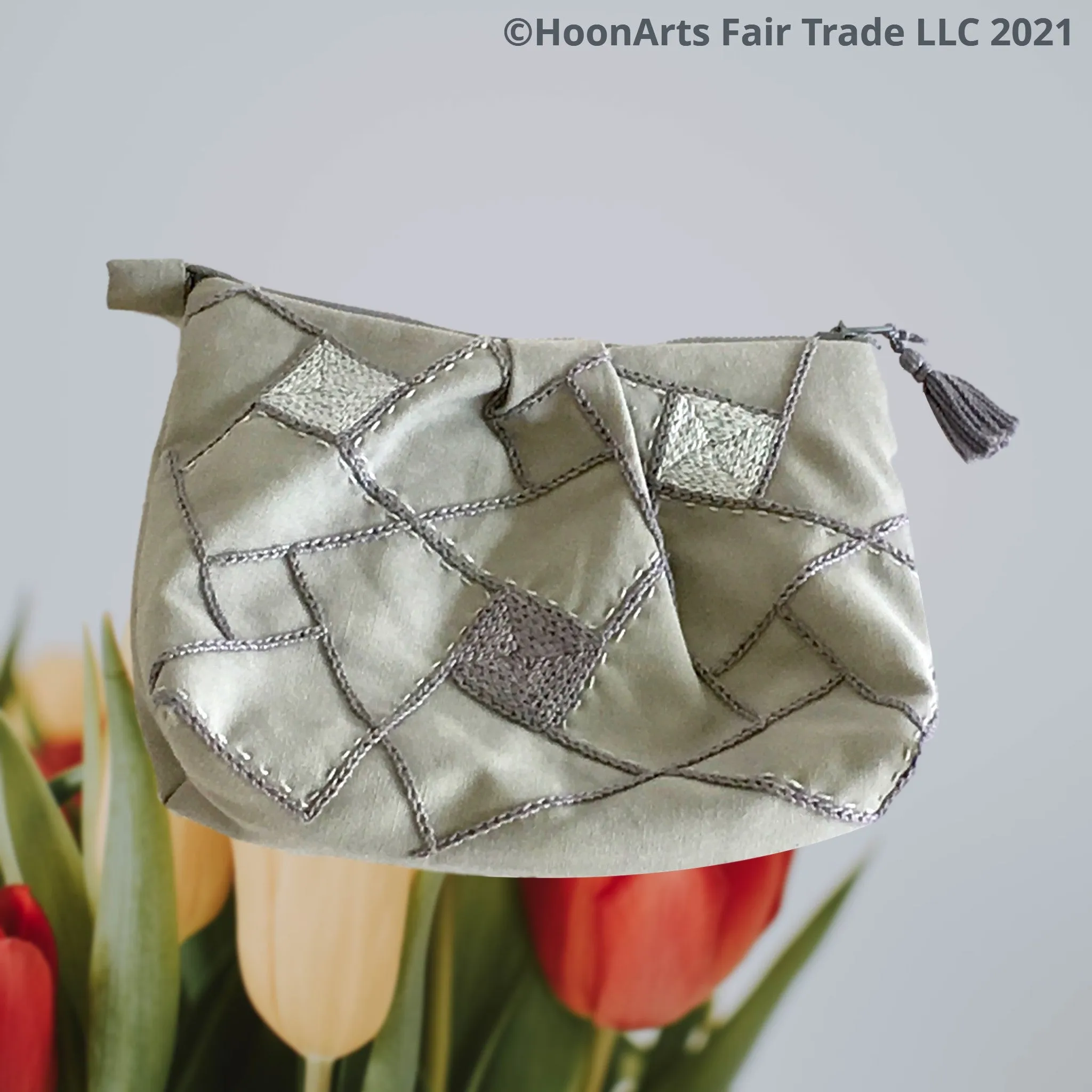 Hand Embroidered Grey Geometric Clutch