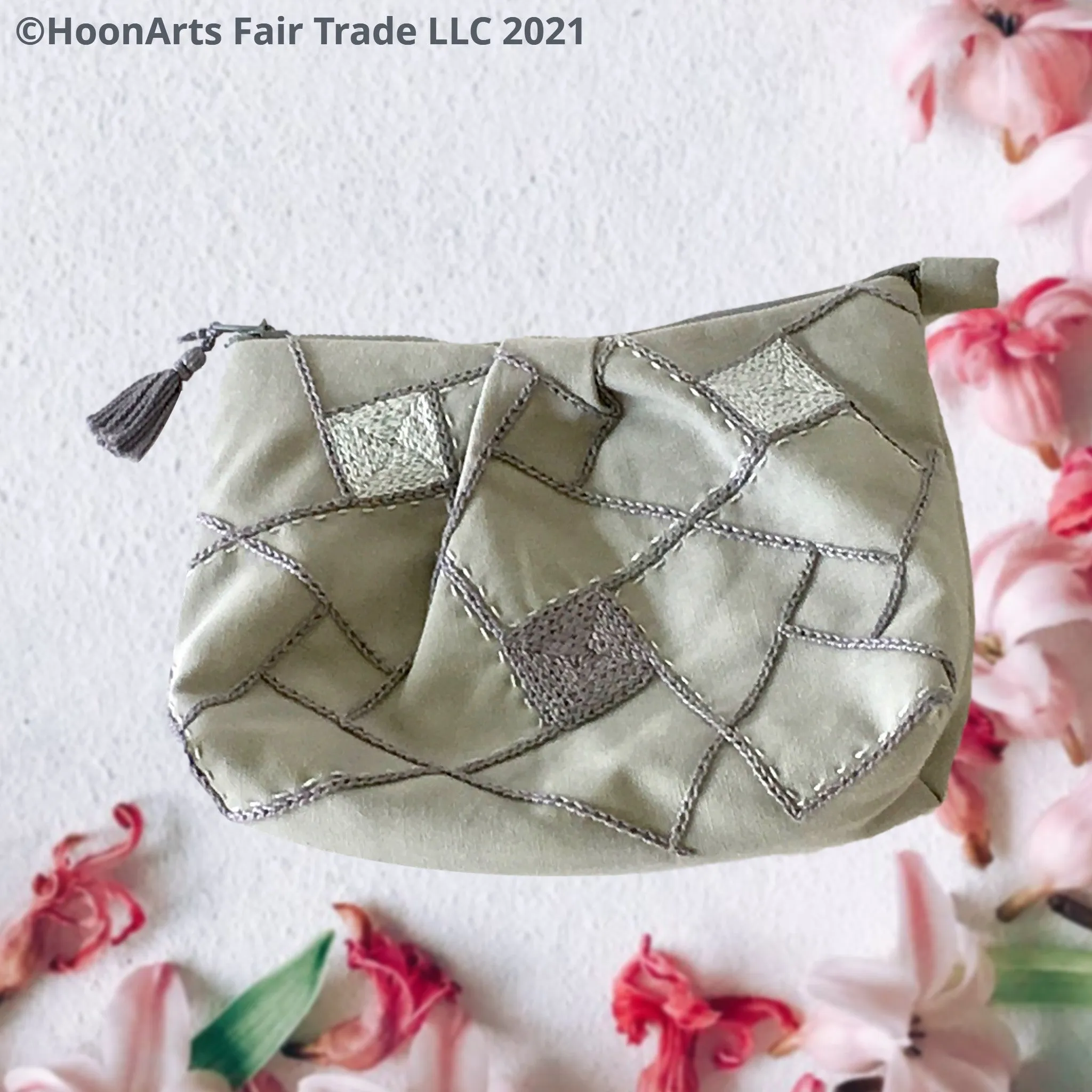 Hand Embroidered Grey Geometric Clutch