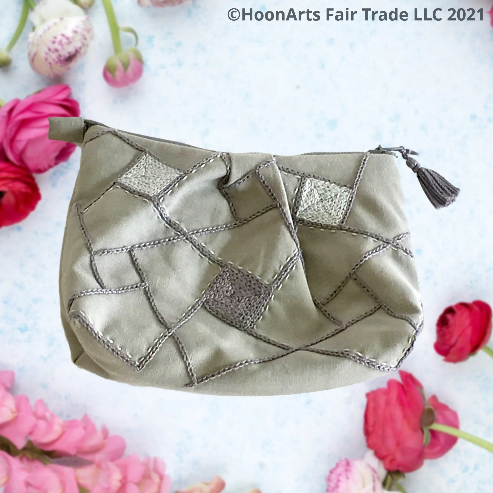 Hand Embroidered Grey Geometric Clutch