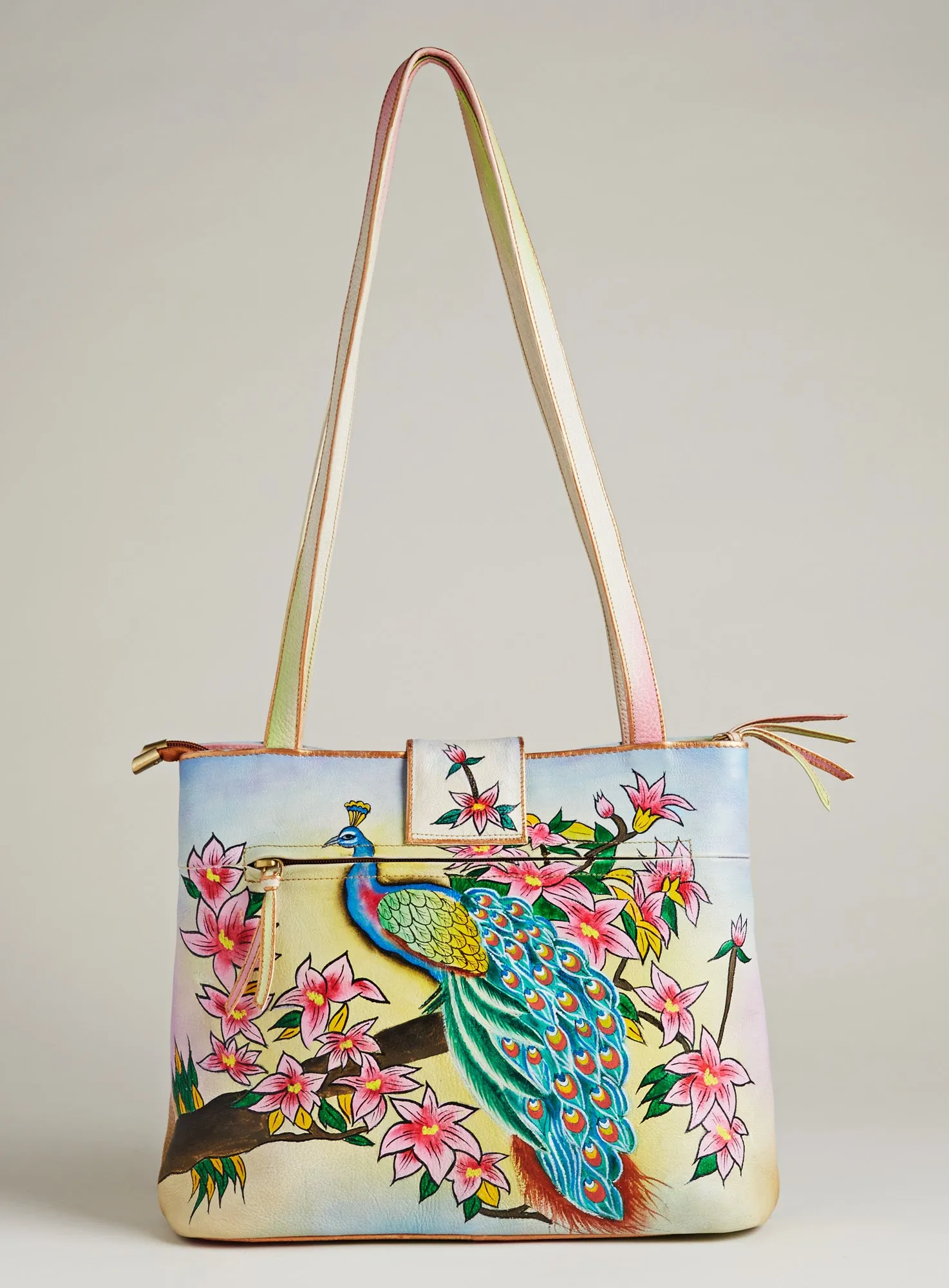 Hand-painted Leather Peacock Tote Bag FINAL SALE (No Returns)