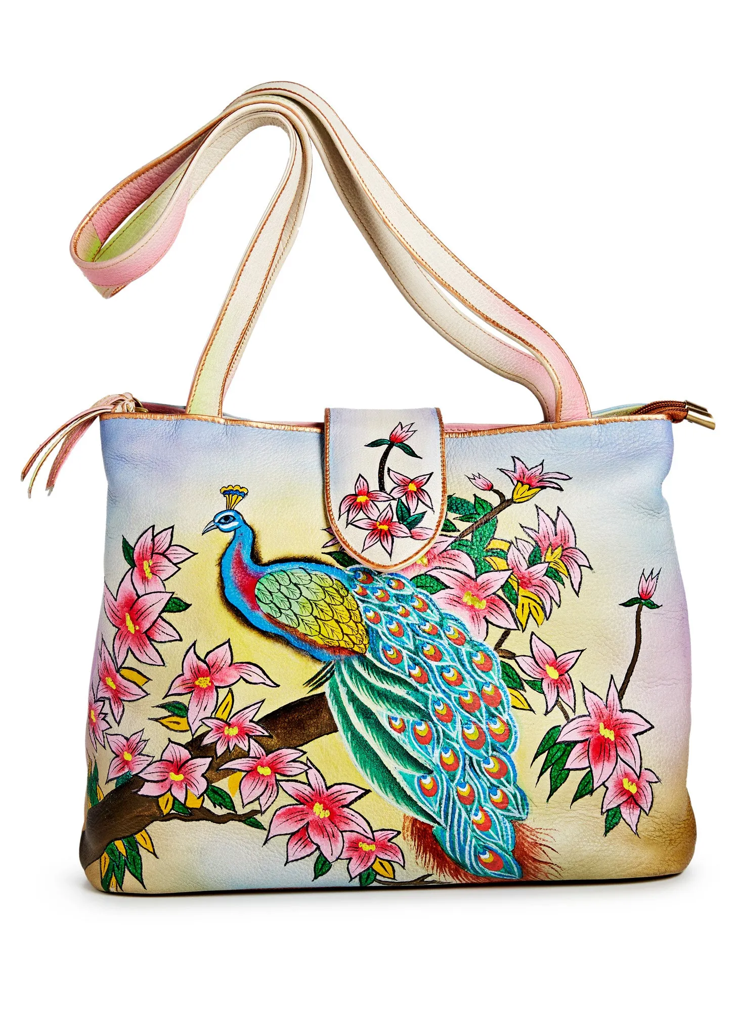 Hand-painted Leather Peacock Tote Bag FINAL SALE (No Returns)