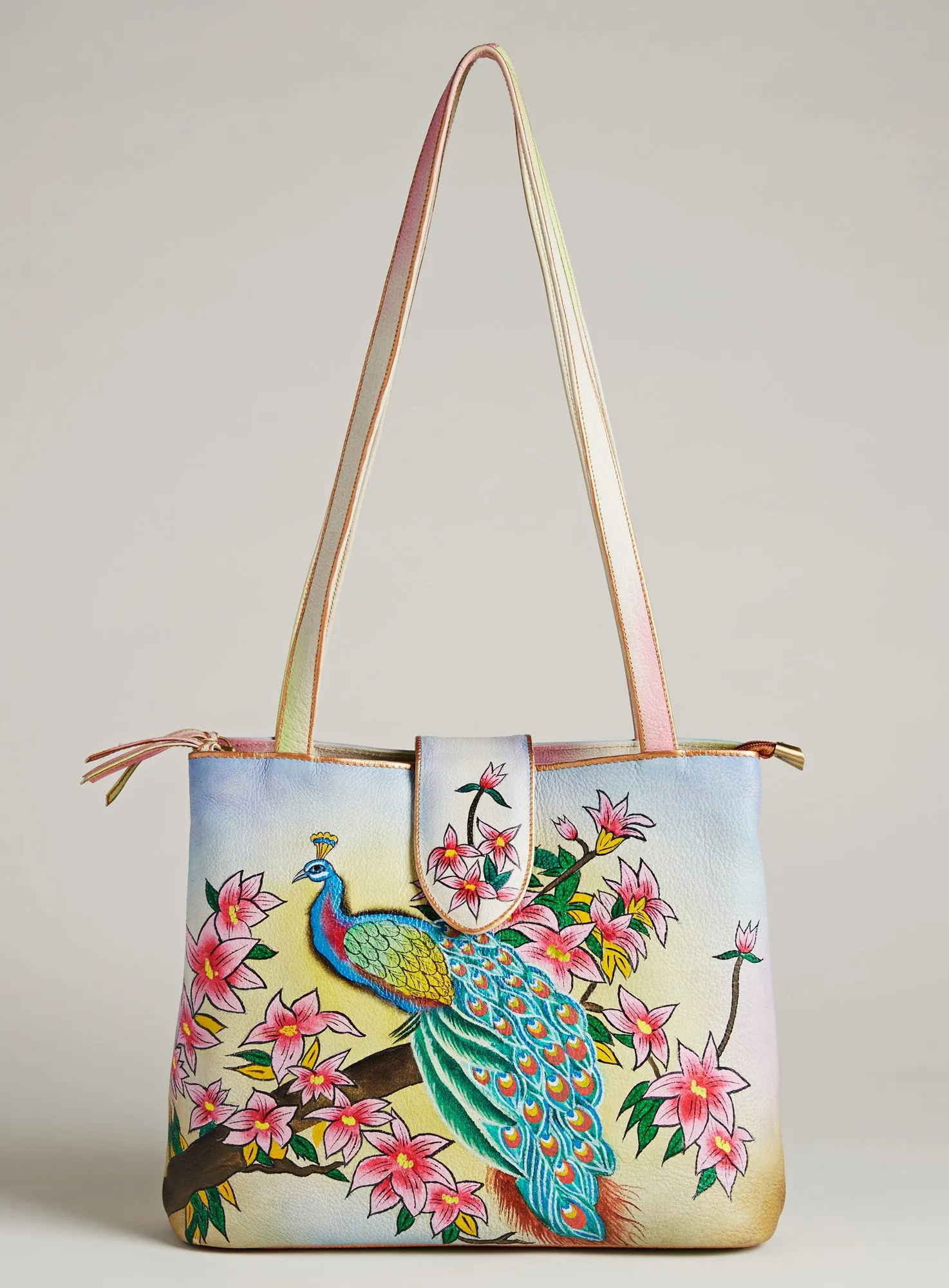 Hand-painted Leather Peacock Tote Bag FINAL SALE (No Returns)