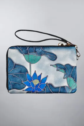 Hand Painted Silk Strap Wallet - Blue Lotus