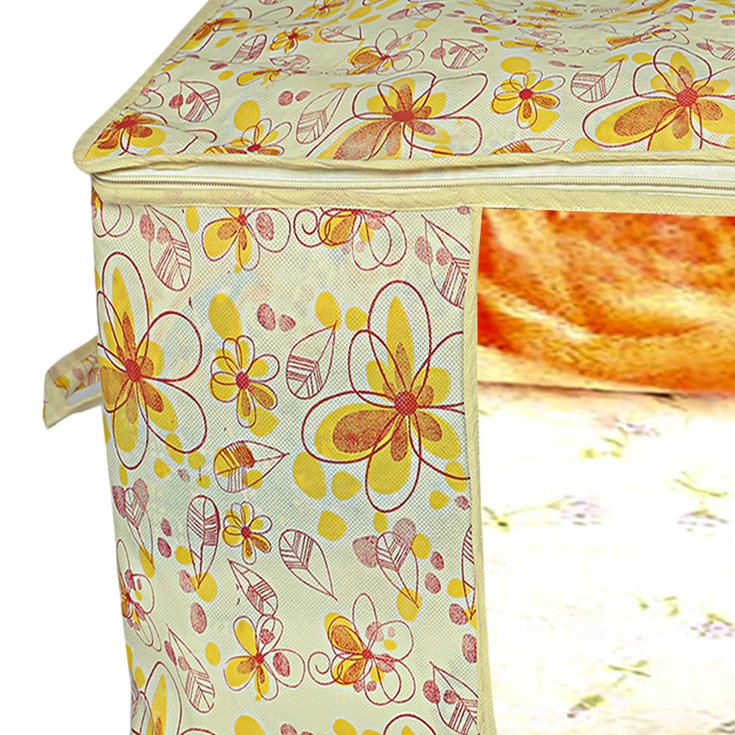 Heart Home Flower Design Non-woven Foldable Underbed/Storage Bag/Wardrobe Organizer With Transparent Window- Pack of 6 (Yellow)-44HH0519