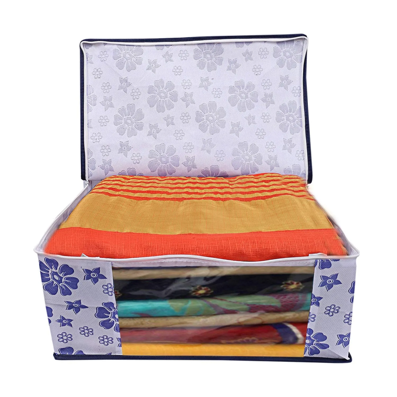 Kuber Industries Flower Printed Non Woven 2 Pieces Saree Cover and 2 Pieces Underbed Storage Bag, Cloth Organizer for Storage, Blanket Cover Combo Set (Royal Blue) -CTKTC038620