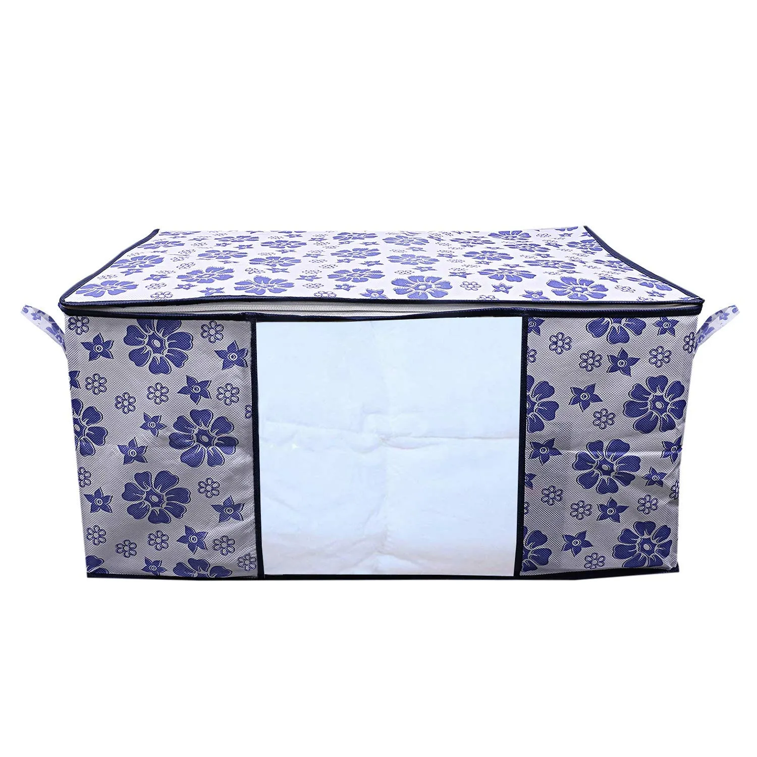 Kuber Industries Flower Printed Non Woven 2 Pieces Saree Cover and 2 Pieces Underbed Storage Bag, Cloth Organizer for Storage, Blanket Cover Combo Set (Royal Blue) -CTKTC038620