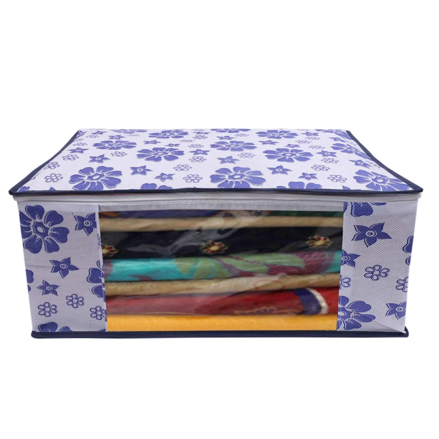 Kuber Industries Flower Printed Non Woven 2 Pieces Saree Cover and 2 Pieces Underbed Storage Bag, Cloth Organizer for Storage, Blanket Cover Combo Set (Royal Blue) -CTKTC038620