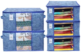 Kuber Industries Laheriya Printed Non Woven 3 Pieces Saree Cover and 2 Pieces Underbed Storage Bag, Cloth Organizer for Storage, Blanket Cover Combo Set (Blue) -CTKTC038681