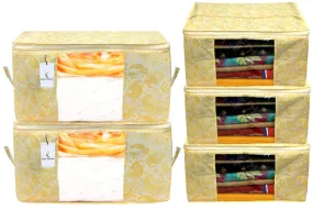 Kuber Industries Metallic Printed Non Woven 3 Pieces Saree Cover and 2 Pieces Underbed Storage Bag, Cloth Organizer for Storage, Blanket Cover Combo Set (Gold) - CTKTC038585