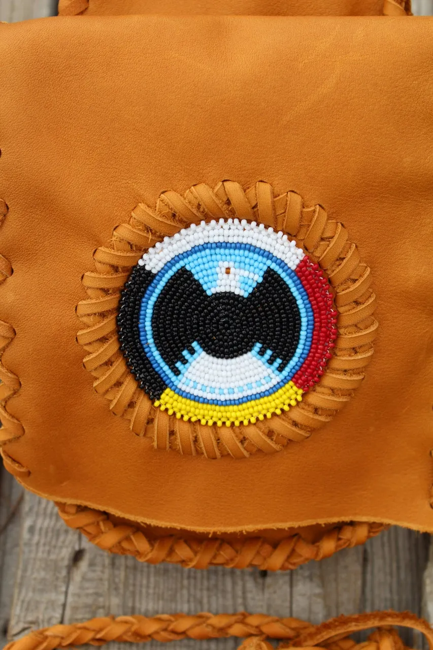 Leather hip bag with beaded eagle rosette, belt bag